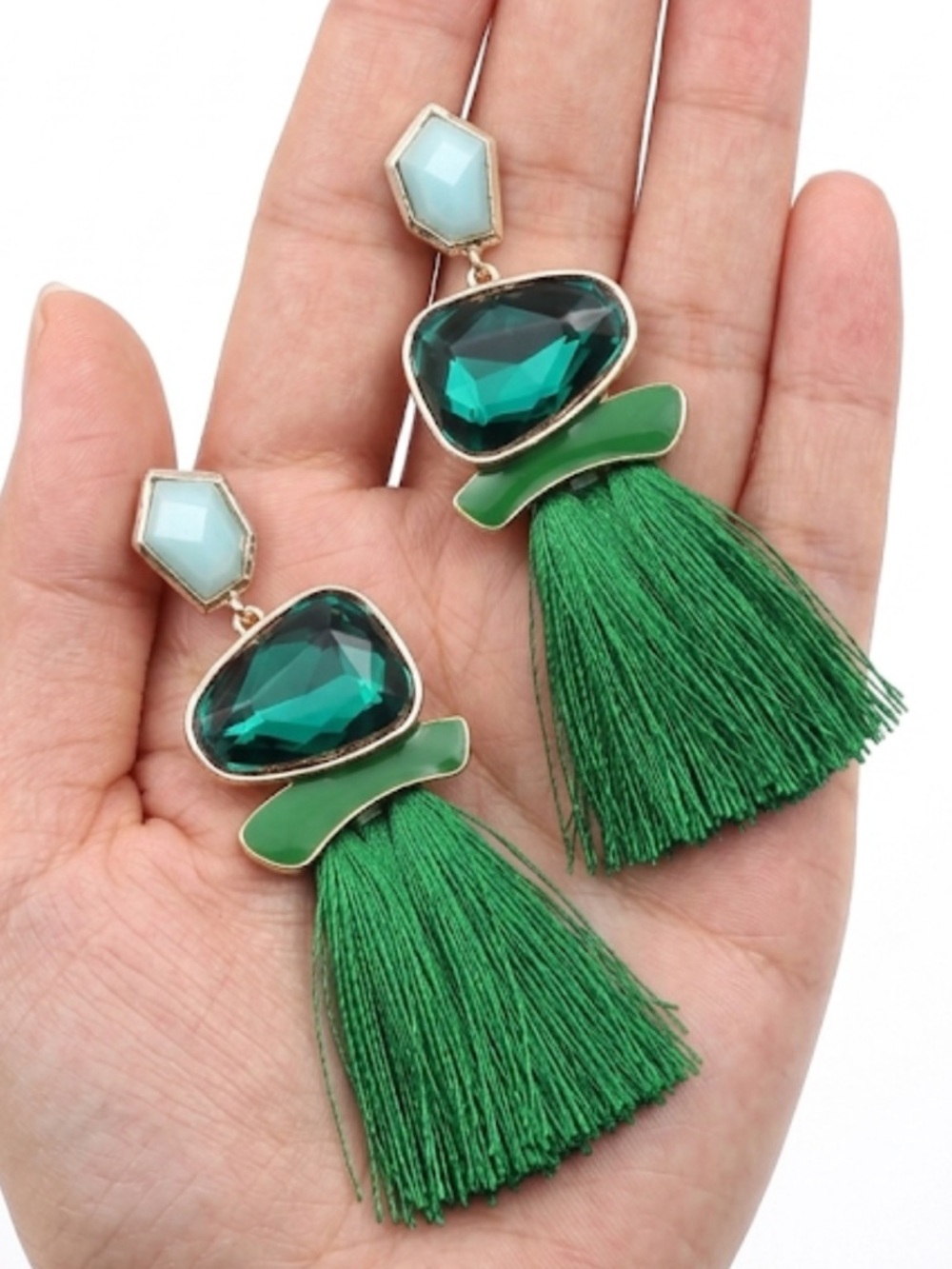 Emerald Green Tassel Statement Earrings | Geometric Boho Crystal Gold Tone New